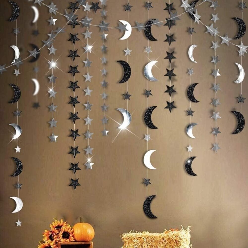 Black Silver Moon Decoration Star and Gothic Decor Garland for Birthday Hallowee
